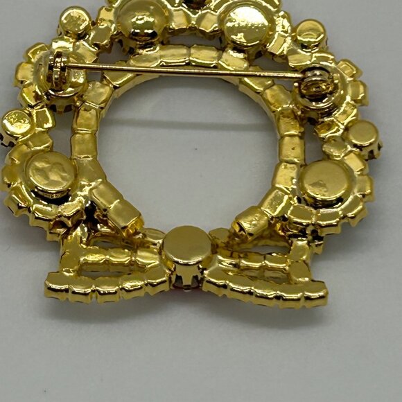 Vintage Lord & Taylor Christmas Wreath Brooch Gold-Tone Rhinestones Red Green Cl - Picture 8 of 16